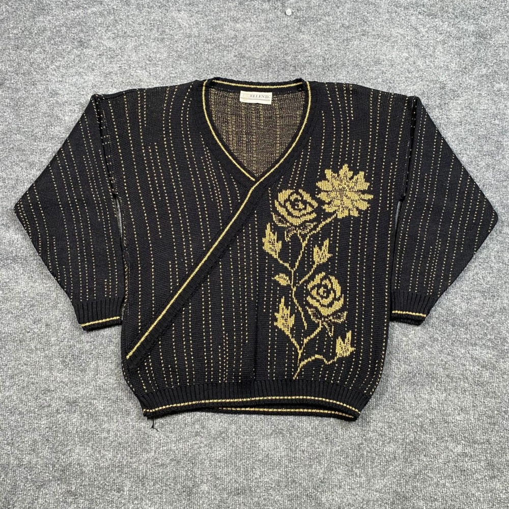 Ellen D Vintage Womens Black‎ Gold Metallic Rose Floral Knit Sweater Made in USA